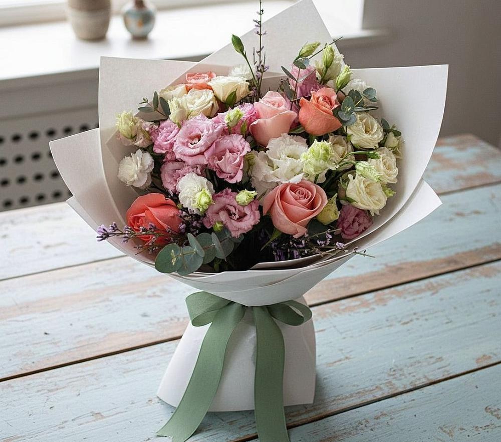 Букет цветов из: Розы, Лизиантусы и Гвоздики в Беково