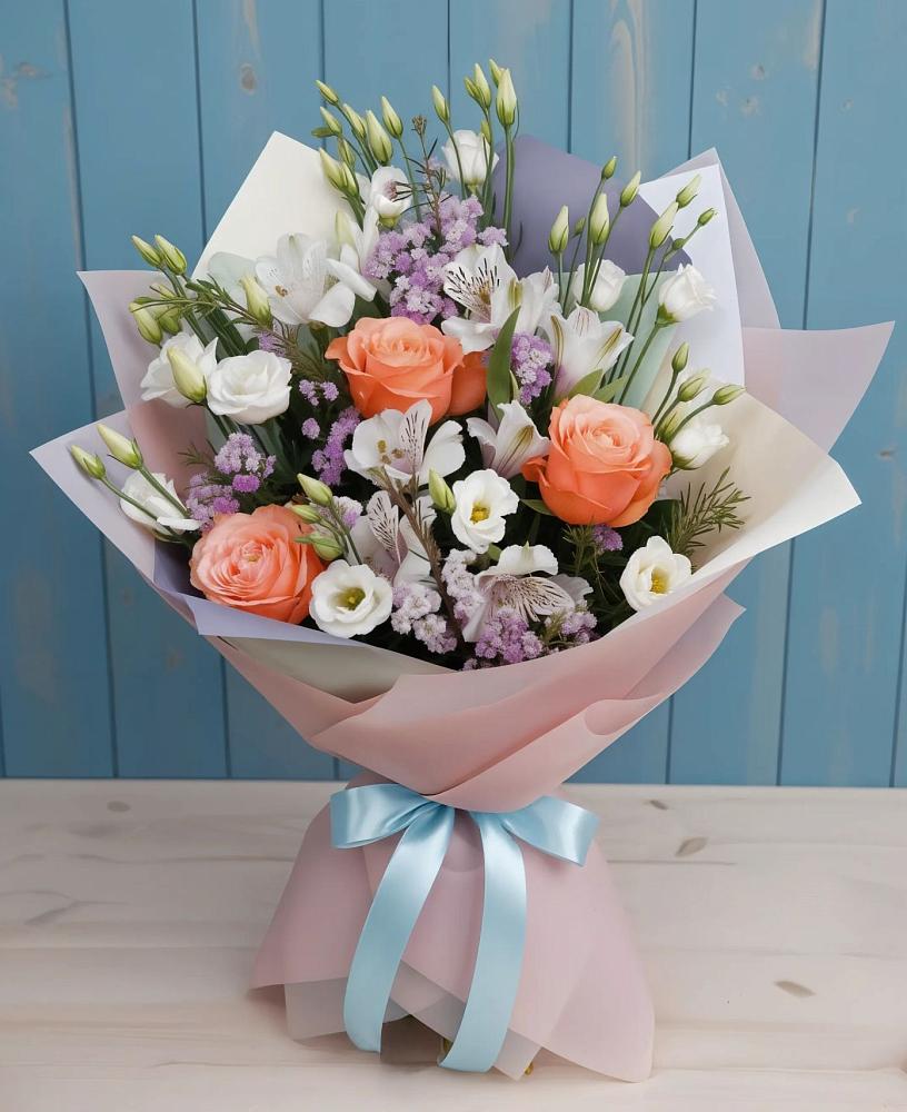 Букет цветов из: Лизиантусы, Розы, Альстромерии и Гипсофила в Беково