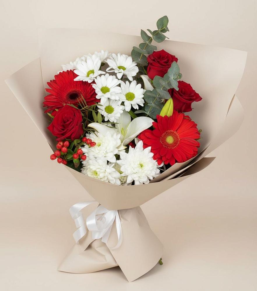 Букет цветов из: Розы, Хризантемы, Герберы и Лилии в Беково