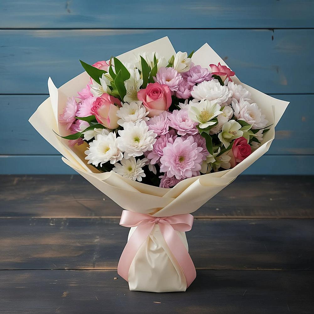 Букет цветов из: Хризантемы, Альстромерии и Розы в Беково